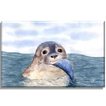 Leinwand 40 x 30 cm Keilrahmen Canvas-Leinen  Aquarell Maritim Kunst Druck Kunstdruck Seehund mit Fisch Robbe Heuler Kegelrobbe Dänemark Nordsee Ostsee